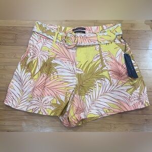 Tahari 100% Linen Women's Tropical Print Shorts - Yellow and Pink Belted Size 10